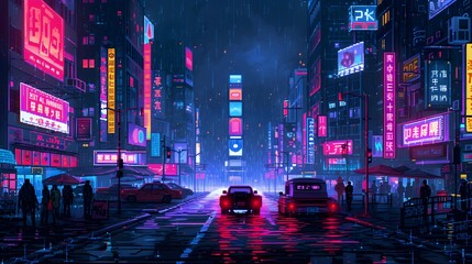 Wall Mural - Pixel Art Illustration of Cyberpunk Cityscape at Night