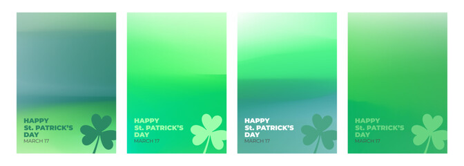 Poster - Happy St. Patrick's Day celebration set. Green blurred backgrounds with shamrock symbol for Paddy's Day holiday greetings and invitations. Vector illustration.