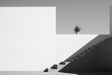 Poster - This black and white photograph showcases a staircase inside a building, highlighting the architectural details and contrasting colors. Generative AI