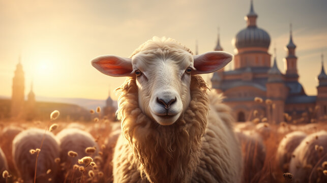 Sheep with mosque in background, Islamic backgrounds, Eid ul adha backgrounds, Meaty eid mubarak.