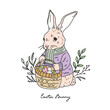 Easter bunny hand drawn vector illustration. Easter rabbit holding basket with eggs vintage style sketch clipart on white background