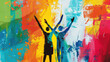 Abstract art concept people sketches rasing hands on colorful background	
