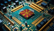 Republic of Macedonia flag on a processor, CPU or microchip on a motherboard. Concept for the battle of global microchips production.