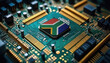 South Africa flag on a processor, CPU or microchip on a motherboard. Concept for the battle of global microchips production.