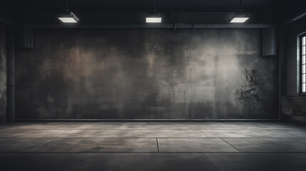 Wall Mural - Dark grey gradient background spotlight on empty studio room. Empty dark abstract cement wall and studio room with smoke float up interior texture for display products wall background.