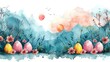 easter theme background, beautiful watercolor design with eggs and bunny and leaves 