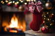 © sommersby - Festive Christmas stocking adorned with bow hangs next to crackling fireplace, creating cozy holiday atmosphere