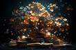 fantasy tree grows from the books with some books flying away from it, lively storytelling, recycling on dark blue