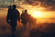 Valor at Dawn: Soldiers in Silhouette Marching Through Mist at Sunrise