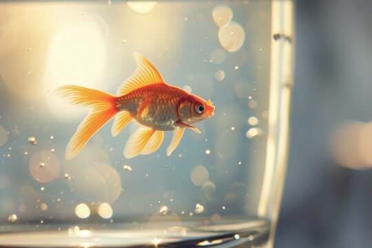 a goldfish swimming in a glass