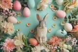 Happy Easter Eggs Easter Monday brunch. Bunny in flower artistic greeting decoration. Cute hare 3d garden gate rabbit illustration. Holy week animated card card easter wall art