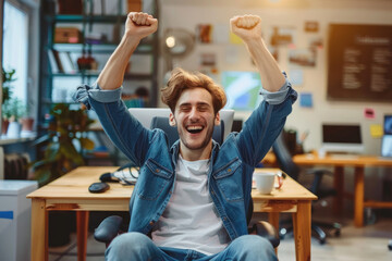 Startup young man very happy and excited doing winner gesture with arms raised sitting on chair, office background