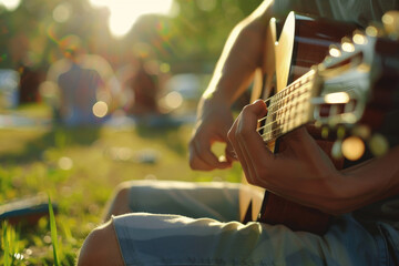 Canvas Print - young man playing guitar with friends attend a live music event concert in a park