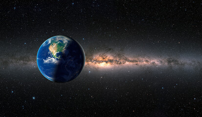 Wall Mural - Day and night on Planet Earth milky way galaxy in the background. Elements of this image furnished by NASA