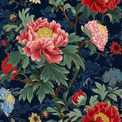 classic Chinoiseries style peonies flower on dark blue background