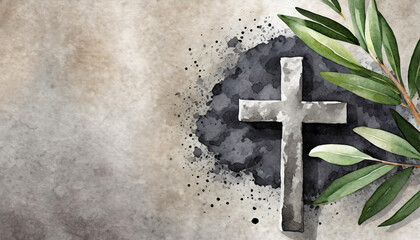 Cross, ashes, and olive leaves on concrete stone background. Ash Wednesday concept, copyspace on a side, watercolor art style