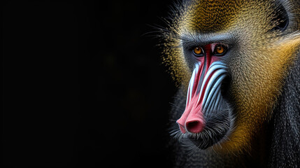 Wall Mural - banner of a mandrill on blured nature background, with empty copy space