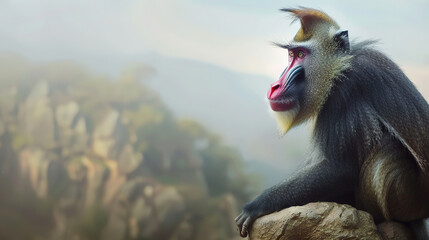 Wall Mural - banner of a mandrill on blured nature background, with empty copy space