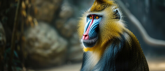 Wall Mural - banner of a mandrill on blured nature background, with empty copy space