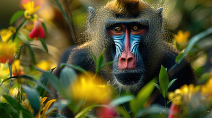 Wall Mural - banner of a mandrill on blured nature background, with empty copy space