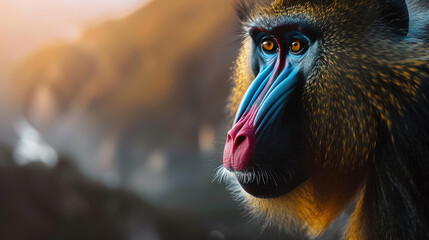 Wall Mural - banner of a mandrill on blured nature background, with empty copy space
