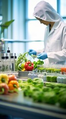 Poster - Quality control of vegetables and herbs grown in the laboratory. The scientist brings out new varieties, sorts seeds, studies pests and chemicals in a modern biotechnological laboratory.