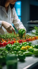 Poster - Quality control of various varieties of sweet peppers grown in the greenhouse. A laboratory assistant studies Pests, Chemicals, Antibiotics, nitrates in a biotechnology laboratory.