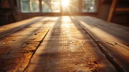 Wall Mural - Vintage wooden table and workshop setting with sunlight and shadows, captured in a retro photograph and used as a mockup backdrop.