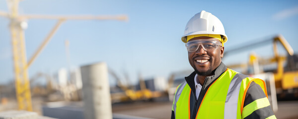 Wall Mural - Young African American construction engineer at work with safety helmet and vest background banner