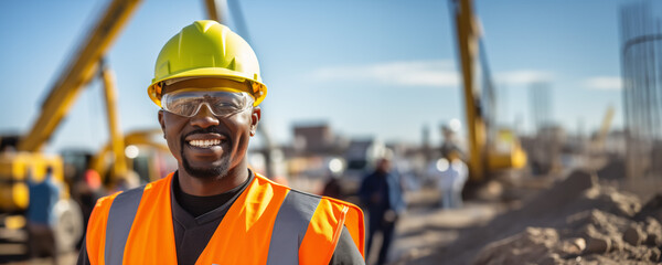 Wall Mural - Young African American construction engineer at work with safety helmet and vest background banner