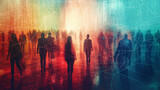 Fototapeta Londyn - Imagen con siluetas de gente andado con lineas interconectadas simbolizando la relación entre personas. redes sociales, networking.