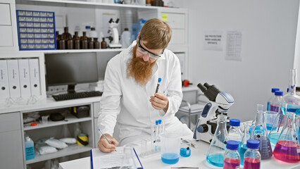 Canvas Print - Handsome young redhead man working in laboratory, serious scientist with beard taking notes and analyzing test tube in research center