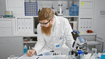 Canvas Print - Intriguing redhead scientist, young man takes passionate notes, connecting science, medicine in cozy indoor lab, sporting beard, glasses enhancing handsome features while ensuring safety