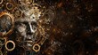 © Maria Zamchiy  - Abstract steampunk background with man portrait, gears, pipes, mechanisms and wheels, textured backdrop in sci-fi grunge style, AI generated