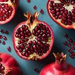 Pomegranate frame on background. Top view of fresh pomegranate on background. Heap of fresh and ripe pomegranate.