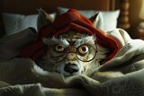 Fototapeta Miasta - bad wolf wearing Little Red Riding Hood uniform, smiling, caricature, evil