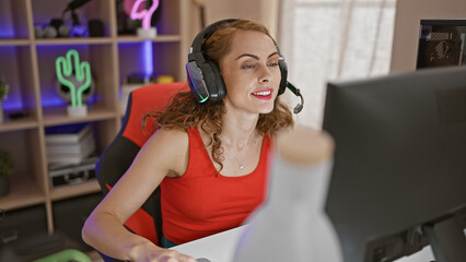 Poster - Confident young woman streamer dominating the game world, playing video game joyously on her computer, sitting in her dark gaming room, adorned with virtual tech-gadgets and a radiant smile.