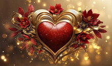 Large Red Heart Encased In A Gold Frame, Adorned With Red Flowers. The Background Is A Mix Of Gold Sparkles And Red Flowers.