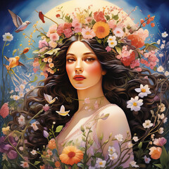 Close-up of a spring girl surrounded by delicate flowers. Concept - nature wakes up, spring mood, Navruz holiday, spring equinox. Square illustration.