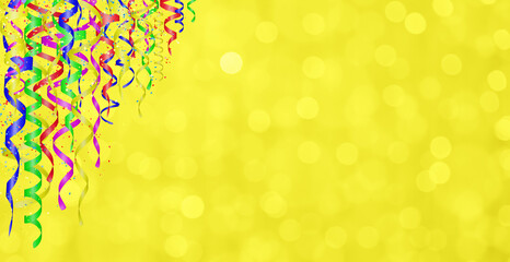 Aufkleber - Falling confetti and curly colorful shiny streamer on yellow blurred background. Empty space for text