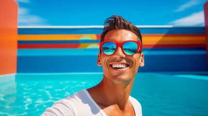 Portrait of happy young man in front of the pool