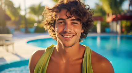 Portrait of happy young man in front of the pool