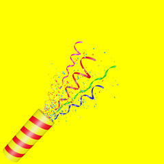 Aufkleber - Party popper with flying confetti. Yellow and red firecracker explodes with serpentine. Birthday and anniversary banner with empty space for text. 3d render