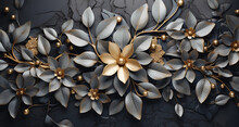 3D Wallpaper Of Golden Flowers With Graphite Leaves On A Black Granite Background 