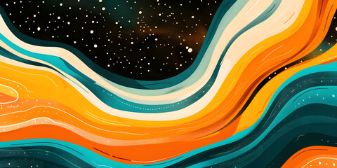 Wall Mural - Vibrant VHS style orange pink teal white psychedelic grainy gradient color flow wave on black background 