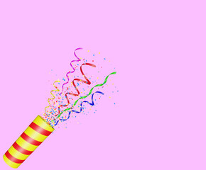 Aufkleber - Party popper with flying confetti. Yellow and red firecracker explodes with serpentine. Birthday and anniversary banner with empty space for text. 3d render