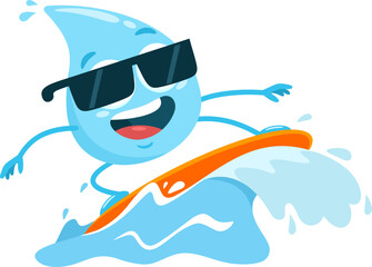 Blue Water Drop Surfer Cartoon Character Riding A Wave. Vector Illustration Flat Design Isolated On Transparent Background