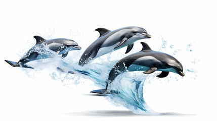 Wall Mural - A group of playful dolphins riding waves