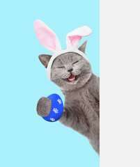 Poster - Happy kitten wearing easter rabbits ears holds colorful easter egg and looks from behind empty white banner on blue background