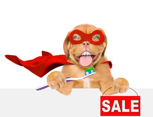 Poster - Happy Mastiff puppy with big funny teeth wearing superhero costume showing signboard with labeled 